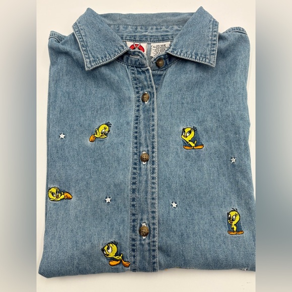 Vintage 2000 Looney Tunes Tweety Bird Denim Button Up Shirt Women 14/16W - Picture 3 of 13